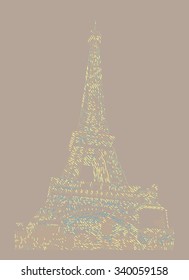 Famous Eiffel tower rendered with engraving effects.  Colorful strokes form an image of travel destination sight in France. Painting of Eiffel tower.