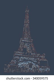 Famous Eiffel tower rendered with engraving effects.  Colorful strokes form an image of travel destination sight in France. Painting of Eiffel tower.
