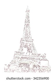 Famous Eiffel tower rendered with engraving effects.  Colorful strokes form an image of travel destination sight in France. Painting of Eiffel tower.