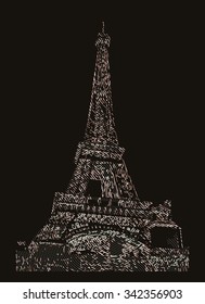Famous Eiffel tower rendered with engraving effects.  Colorful strokes form an image of travel destination sight in France. Painting of Eiffel tower.