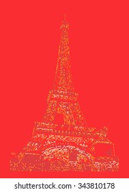 Famous Eiffel tower rendered with engraving effects.  Colorful strokes form an image of travel destination sight in France. Painting of Eiffel tower.