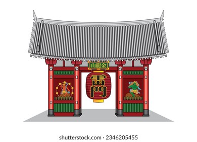 The famous entrance gate of Asakusa or senso ji temple Tokyo Japan with extra large lantern and Japanese text called kaminarimon meaning Thunder gate and drawing in colorful cartoon vector