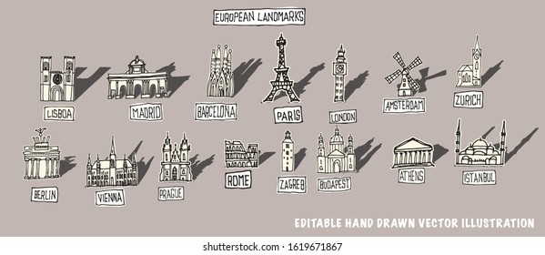 famous European buildings, doodle drawings