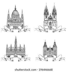 Famous European capital city buildings. Landmarks engraving. Travel Europe symbol set. Prague, Vienna, Amsterdam, Budapest city signs.