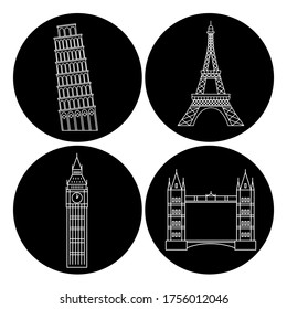 Famous european landmarks in line art style. Illustration suitable for travel, leisure and souvenir themes.