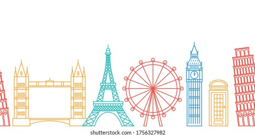 Famous european landmarks in line art style. Illustration suitable for travel, leisure and souvenir themes.