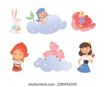 Famous fairy tale characters set. Little mermaid, rabbit, Snow white cartoon vector illustration