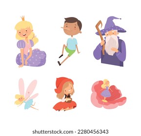 Famous fairy tale characters set. Pinocchio, magician, princess, fairy, Little Red Riding Hood, Thumbelina cartoon vector illustration