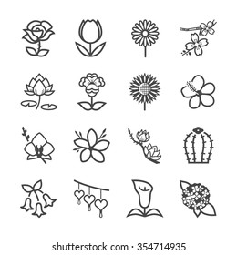 Famous Flower line icons Set 1. Included the icons as rose , tulip, cactus, sakura, lotus, gardenia and more.