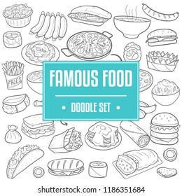 Famous Food Traditional Doodle Icons Sketch Hand Made Design Vector