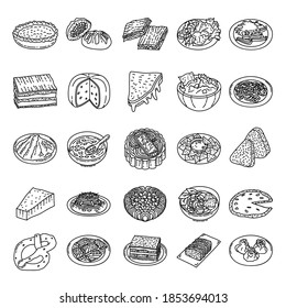 Famous Foods Hand Drawn Icon Set Vector.