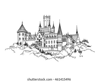 Famous German Castle Landscape. Travel Germany Background. Castle building on the hill skyline etching. Hand drawn sketch vector illustration.