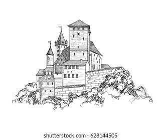 Famous German Castle Landscape. Travel background engraving. Castle tower building skyline. Hand drawn sketch vector illustration.