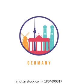 Famous Germany landmarks silhouette. Colorful Germany skyline round icon. Vector template for postmark, stamp, badge or logo.