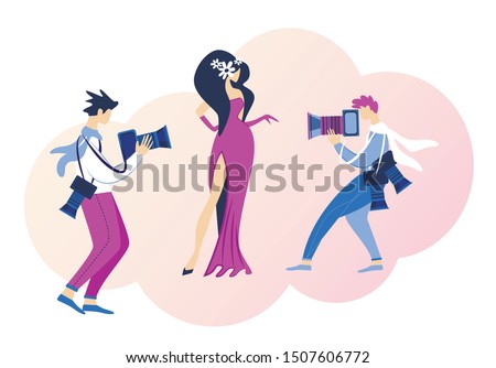 Famous Glamour Actress Superstar Posing Red Carpet for Paparazzi. Young Woman Character Award Ceremony, Beauty Contest. Luxury Lifestyle, VIP Person, Celebrity Success Cartoon Flat Vector Illustration