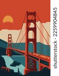 famous Golden Gate Bridge, San Francisco vector flat color illustration for wall art print poster