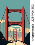 famous Golden Gate Bridge, San Francisco vector flat color illustration for wall art print poster