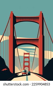 famous Golden Gate Bridge, San Francisco vector flat color illustration for wall art print poster