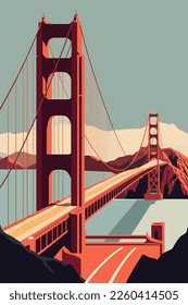 famous Golden Gate Bridge, San Francisco vector flat color illustration for wall art print poster