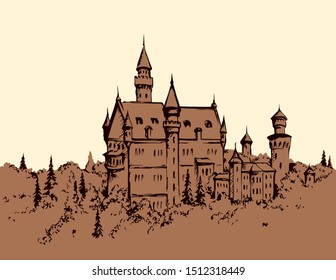 Famous gothic king mansion on white sky text space. Line black ink hand drawn royal home icon sign symbol design in retro art cartoon style. Outdoor rock hill place summer valley nature scenic view