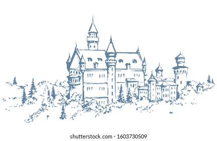 Famous gothic king mansion on white sky text space. Line black ink hand drawn royal home icon sign symbol design in retro art cartoon style. Outdoor rock hill place summer valley nature scenic view