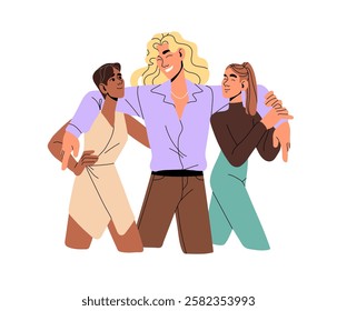 Famous guy with long hair hugs with girls. Happy man is popular with women, cuddles with his lovers. Polyamorous couple spends time together. Flat isolated vector illustration on white background