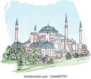 Die berühmte Hagia Sophia in Istanbul, Türkei. Die Aquarell-Illustration für Reisemagazin, Poster, Kalender, Postkarte