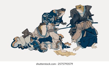 Famous Heroes of the Kabuki Stage Played by Frogs, Japanese ukiyo-e woodblock print by Utagawa Kuniyoshi. Japanese vintage style art drawing, isolated vector element of legend heroes.