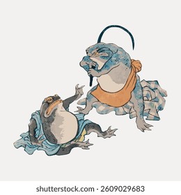 Famous Heroes of the Kabuki Stage Played by Frogs Japanese ukiyo-e woodblock print by Utagawa Kuniyoshi, illustration isolated on white, vector.