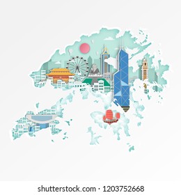 Famous Hongkonglandmark on map for travel poster,Hongkong in paper art style.