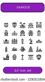 famous icon set. 25 filled famous icons.  Simple modern icons about  - Leipzig, Valencia, Opera house, Pagoda, Notre dame, Moai, Berlin, George washington, Phone booth, Taj mahal
