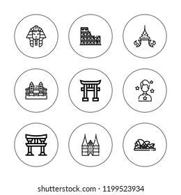 Famous icon set. collection of 9 outline famous icons with colosseum, celebrity, holstentor, pharaoh, thai, tower bridge icons. editable icons.