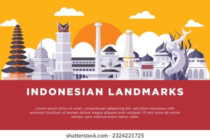 Famous and Iconic Indonesia Building Landmarks Flat Vector Illustration for Tourism and Government Background