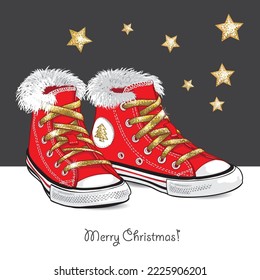 Famous iconic sneakers in christmas look. Red shoes with golden laces and fur. Santa's boots. Vector illustration including line art. 