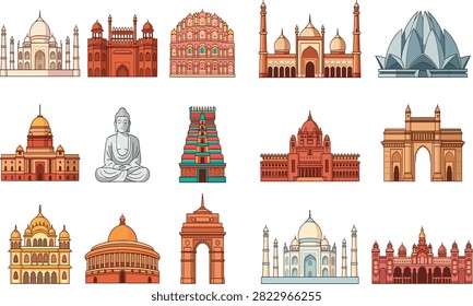 Famous Indian Landmarks Icon Set - Taj Mahal, Red Fort, Lotus Temple, Gateway of India and Buddha Statue Vector Illustration