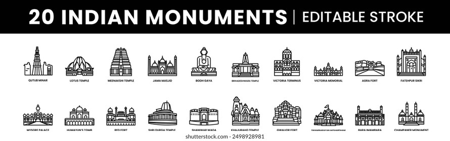 Berühmte indische Wahrzeichen und Denkmäler wie Qutub Minar, Lotus Temple, Jama Masjid, Red Fort, Meenakshi Temple, Victoria Memorial, Humayun's Grab und mehr mit editierbaren Strichen