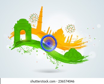 Famous Indian monuments with Ashoka Wheel on floral decorated paint stroke in national flag colors for Indian Republic Day and Independence Day celebrations.