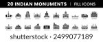 Famous Indian Monuments and Landmarks minimal fill icons like Qutub Minar, Lotus Temple, Jama Masjid, Red Fort, Meenakshi Temple, Victoria Memorial, Humayun