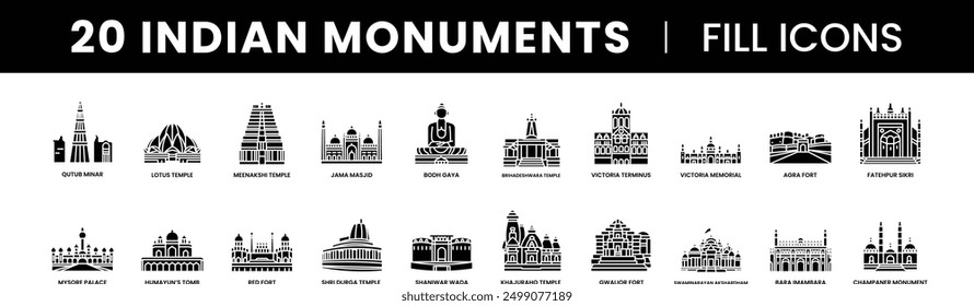 Famous Indian Monuments and Landmarks minimal fill icons like Qutub Minar, Lotus Temple, Jama Masjid, Red Fort, Meenakshi Temple, Victoria Memorial, Humayun's Tomb and More Palaces, Temples, and Forts