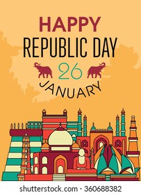 Famous Indian Monuments. Vector Line Art. Happy Republic Day 