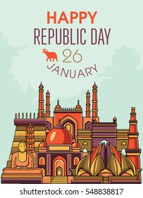 Famous Indian Monuments. Vector Line Art. Happy Republic Day