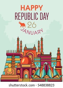 Famous Indian Monuments. Vector Line Art. Happy Republic Day