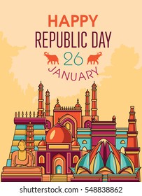 Famous Indian Monuments. Vector Line Art. Happy Republic Day