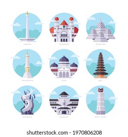 Famous Indonesia Landmarks Flat Vector Illustration