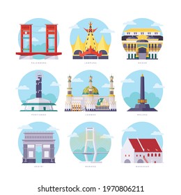 Famous Indonesia Landmarks Flat Vector Illustration