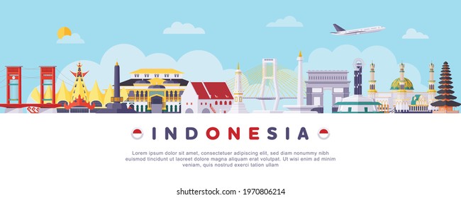 Famous Indonesia Landmarks Flat Vector Illustration