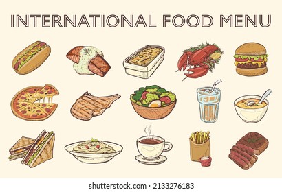 famous international food retro art elements suitable for decoration in menu poster or food presentation