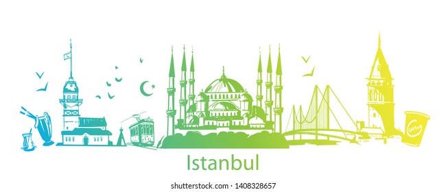 Famous Istanbul symbols horizontal vector illustration. Panoramic banner with Turkish touristic object: Saint Sophia, bosporus bridge, galata tower, tram, maiden's tower, coffee, teaglass, seagull