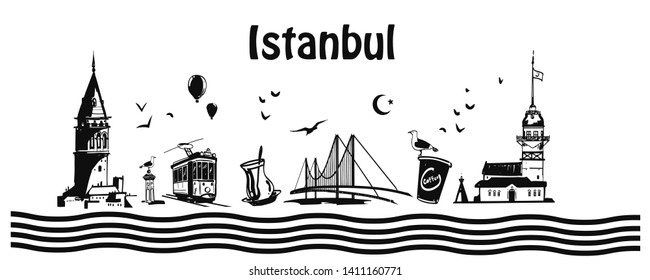 Famous Istanbul symbols horizontal vector illustration. Panoramic banner with Turkish touristic object: Saint Sophia, bosporus bridge, galata tower, tram, maiden's tower, coffee, teaglass, seagull
