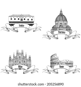 Famoso conjunto de etiquetas de la ciudad italiana: Roma, Milán, Venecia, Florencia. Puntos de referencia de Italia: Catedral de Milán, Palacio Venecia de Doge, Catedral Santa Maria del Fiore Florencia, Colosseo Roma. Dibujo de construcción.